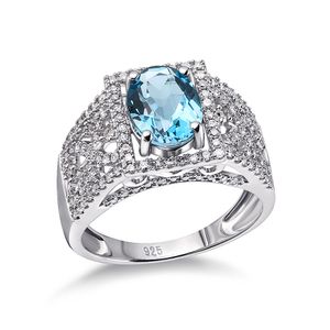 Anello con diamanti bling in argento sterling 925 con pietre preziose di topazio blu naturale