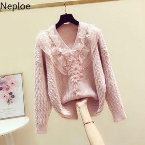 NEPLOE Doce Knitwear Pullovers Ruffles V-Neck Sleeers para mulheres pesadas Engrossar Quente Sueter Lace Retalhos Jumper Winter Roupas 210423