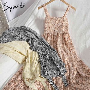 SYIWIDIIフローラルプリントハイウエスト調節可能なキャミスドレス女性抽選ノースリーブAライン夏の韓国のファッション服210417