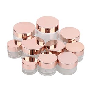 Frosted Glass Jars Cream Bottles Refillable Cosmetic Containers with Rose Gold Cap 5g 10g 15g 20g 30g 50g 100g Lotion Lip Balm Packing Bottle