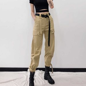 Belt Buckle Cargo Pant Hip Pop Streetwear Ribbon BF Loose Harem Beam Foot Joggers Female Sweatpants Button Trousers 210531