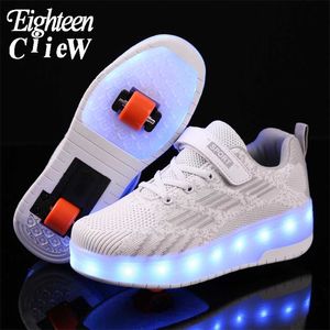 Children Roller Skate Casual Shoes USB Charging Boys Girl Automatic Jazzy LED Lighted Flashing Kids Glowing Sneakers with Wheels 211022