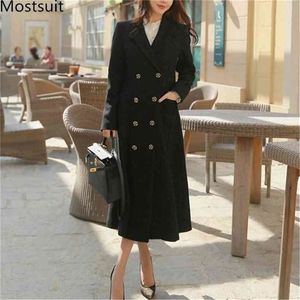 Double-breasted Wool Women Long Coat Winter Sleeve Korean Slim Elegant Ladies Dresses Fashion Wool&blend Overcoat 210513