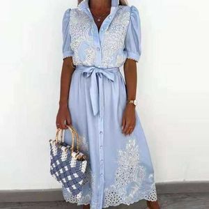 Summer Women's Dress Elegant Puff Sleeve Lace Sexy Hollow Out Patchwork Embroidery Dress Casual Tie-Up Belted Shirtdress 210712