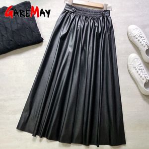 Winter women's leather skirt pleated black long s for women vintage pu faux High-waisted female 210428