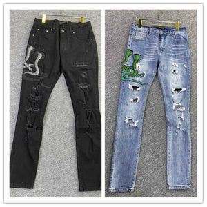 Luxurys Designer Thin Design Mens Jeans Men Denim Blue Embroidery Snake Vintage Style Hole Fashion Pant Slim-leg Motorcycle Biker Causal Hip Hop Pants W28-W40