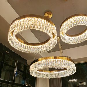 Round modern crystal chandelier for living room gold led cristal lamp kitchen island dining rectangle hanging light fixtures