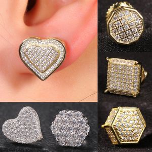 Real Gold Plated 925 Sterling Silver Stud Earring Hip Hop Cubic Zirconia Square Heart Love Polygon Earrings Studs for Men Women Bling Diamond Rapper Jewelry Gifts