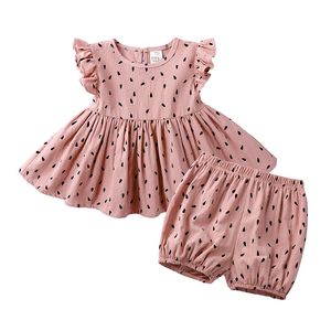 Completi di vestiti per ragazze estive Bambini per bambini che stampano abiti con volant carini + pantaloncini 2 pezzi Abbigliamento per bambini 210429