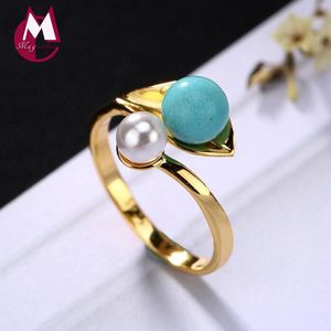 Cluster Rings Hippop Fashion Natural Stone Turquoise Pearl Initial Adjustable Ladies Ring 100% 925 Sterling Silver Jewelry 2021 Women R47