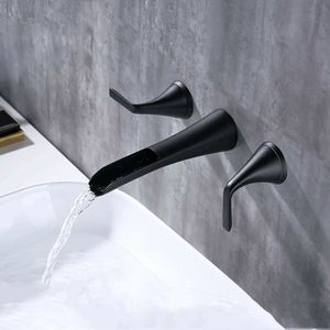 Wall Mounted Bathroom Basin Sink Tap Hot Cold Bathtub Mixer Waterfall Spout Washbasin Faucet Brass Black Two Handles