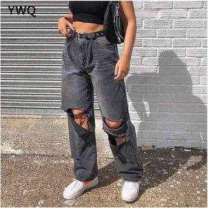 Kobiety Czarne Cargo Dżinsy Zgrywanie Spodnie Do Wysokiej Talii Mama Vintage Pełna długość Harajuku Hollow Out Hole Spodnie 210629