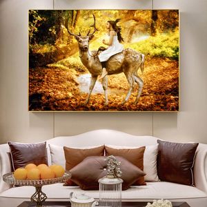 Deer and Girl Picture Wall Art Płótno Malarstwo Abstrakcyjna Zwierząt Plakat HD Drukuj do salonu Sypialnia Dekoracja Cuadros