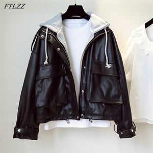 Autumn Women Hooded Streetwear Pu Faux Soft Leather Jacket Casual Female Loose Moto Biker Short Black Coat Outwear 210430