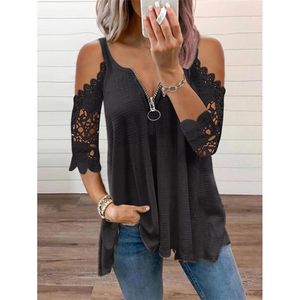 Summer Lace Petal Half Sleeve Zipper Ladies T-shirt för kvinnor Oversize Off Shoulder V-Neck Lossa Casual Top Tee Tunic 210720