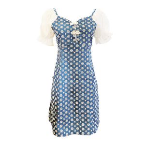 Belki U Kadın Örgü Kollu V Boyun Puf Kol Kısa Kollu Kalem Mini Elbise Cep Yaz Mavi Baskı Düğmesi D1966 210529