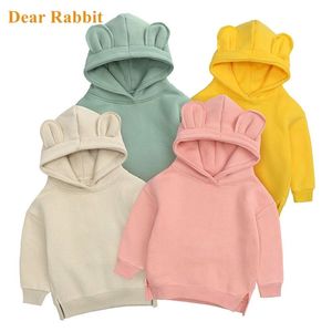 Meninas bonitos meninas hoodies meninos meninos outono velo camisola com orelha de urso roupas primavera sólido roupa infantil infantil 211029