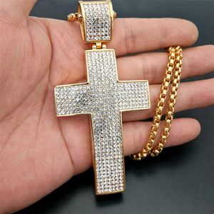 Hip Hop Iced Out Große Kreuz Anhänger Halskette Für Männer Gold Farbe Edelstahl Strass Halskette Hiphop Christian Schmuck X0707