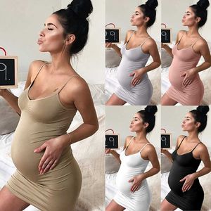 Casual Maternity Klänningar Sexig Solid Maternity Graviditet Kläder V-Neck Ärmlös Nursing Mini Suspender Kjol Klänning Toppar Q0713