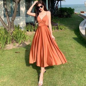 Vit Satin Long Women's Dress Summer Runway Elegant Holiday Party Evening Backless Tropical Korean Beach 210429