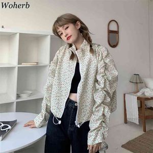 Korean Chic Elegant Floral Print Womens Coats and Jackets Pleated Sleeve Cropped Coat Spring Chamarras De Mujer 210519