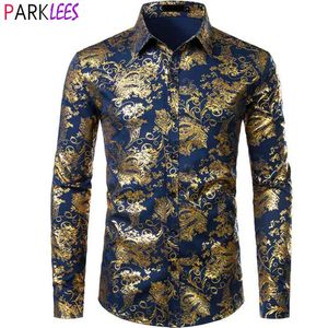 Złote Paisley Brązowanie Kwiatowy Koszula Mężczyźni Luksusowa Marka Z Długim Rękawem Męskie Sukienka Koszule Casual Wedding Bankiet Afryka Odzież Chemise 210522