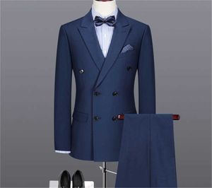 Högkvalitativ Mens Formell Classic Navy Blue Peak Lapel Dubbelbröst ullblandning 2 stycke (Jacket Pant) Custom Suit Q103 x0909