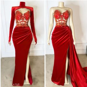 Red Vevlet Mermaid Evening Formal Dresses with Long Sleeve Jacket Wrap Sweetheart Lace Beaded African aso ebi Prom Eneagement Gown