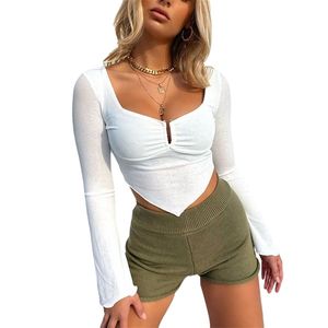Women T-Shirt Female Long Sleeve Square Collar Solid Color Slim Tops Elegant Ladies Ruched Spring Autumn Clothing 210522