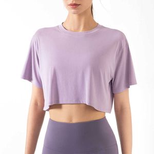 L-031 Camiseta Feminina de Cor Sólida Manga Curta Moda Casual Ioga Esportes Top Corrida Exercício Macio Ajuste Solto Roupas de Ginástica Treino Camisas Atléticas