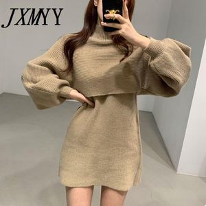 Casual Dresses JXMYY Winter Mid-Length Knitted Two-Piece Fashion High Collar Suit Vest Dress Female Temperament Lantern Sleeve Sweater