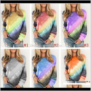 T-shirt Toppar Tees Womens Clothing Apparel Drop Leverans 2021 Mode Kvinnor Rainbow Gradient Sweathirts Långärmad Crew Neck T Shirt Tie Dye