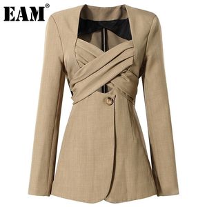 [EAM] Женщины Khaki Bow Cross Bandage Blazer V-образным вырезом с длинным рукавом Свободная подходящая куртка мода весна осень 1DD3607 210930