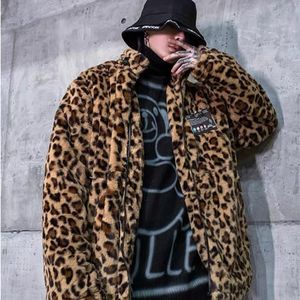 Giacche da uomo Streetwear Cardigan con zip con stampa leopardata Cappotti Hip Hop Giacca in lana d'agnello Uomo Autunno Inverno Harajuku Cappotto allentato Outwear 2021