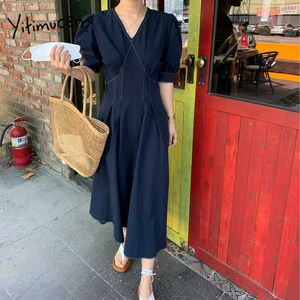 Yitimuceng vintage långa klänningar för kvinnor sommarveckor koreanska mode midi klänning kort puff ärm vit marin blå sundress 210601