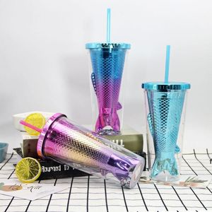 4スタイルのグラデーションスパンコール水マグマーメイドメッキカッププラスチック藁カップ子供ミルクマグカッグクリスマスプレゼントRRB12265