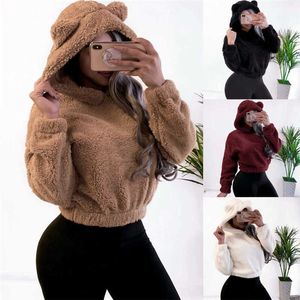 Piękny Niedźwiedź Uszy Ciepłe Pluszowe Kaputery Kobiety Jesień Ramię Crop Top Teddy 2020 Fashion Pullover Bluza Harajuku Z Kapturem X0629