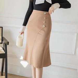 Elegante estiramento pacote quadril saias de cintura alta botões MIDI preto damasco saias de damasco mulheres plus tamanho ocasional escritório senhora lápis saia x0428