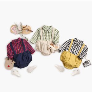 Neonato Vestiti Plaid Infantile Ragazzi Pagliaccetto Camicie Falso 2 pezzi Set Manica lunga Patchwork neonato Tute Baby Boutique Abbigliamento DW6114