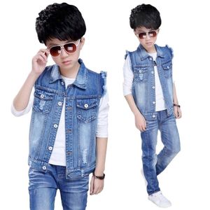 Crianças Roupas Crianças Denim de Algodão Primavera Outono Colete Boys Waistcoat Criança Casual All-Match Tops Bebê Casaco 4-13 210818