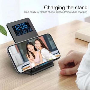Wholesale table clock stand resale online - Desk Table Clocks Desktop Wireless Charging Stand Mobile Phone Holder Time Temperature Alarm Clock Home Decoration Fully Protects Battery