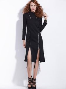Casual Dresses Women Midi Gothic Black Chic Sexy Club Punk Plus Size Aline Zipper Split OL Ladies Dress 2021 Spring Fashion