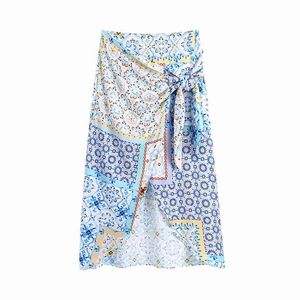 Vintage Tuch Patchwork Druck Verknotet Sarong Rock Frauen Sexy Schlitze Hohe Taille Faldas Mujer Sommer Midi Chic 210514