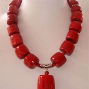 Mercan Düğün Kolye toptan satış-Orijinal Tasarım Kırmızı Silindir Doğal Mercan Taş Tüp Sütun Boncuk Kolye Kadın Moda Takı inç BV135