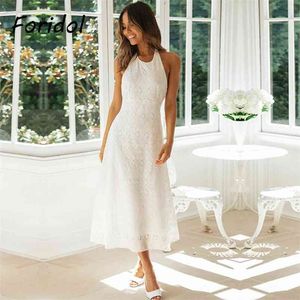 Foridol Elegancka Backless White Lace Dress Kobiety Casual Summer Beach Boho Sukienka Famale Long Sundress Vintage Vestidos de Mujer 210415