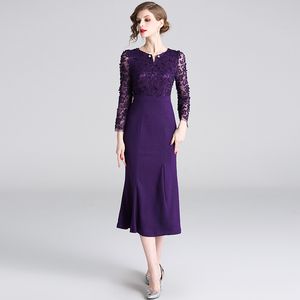 Vintage Designer Women Luxury Patchwork Embroidery Mesh Sexy Open Fork Cocktail Party Robe Purple Beading Fishtail Dress Vestido 210525