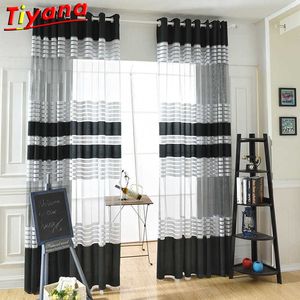 Transparent Tulle White Black Strips Curtain for Living Room Rural Style Yarn for Balcony W-ZH003#35 210712