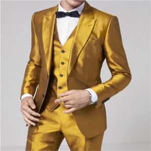 Abiti da uomo Blazer Gold Fashion Design 3 pezzi Abito da uomo Blazer formale elegante lucido Custom Made Defacto Homme (giacca + pantaloni + gilet)