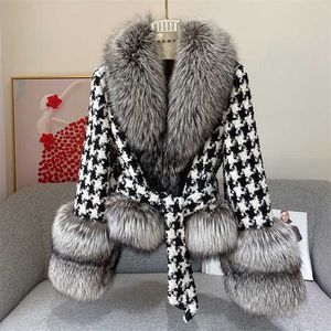ZDFURS *秋と冬の女性の毛皮コート千鳥格子の襟短いシルバーコートファッション服211220