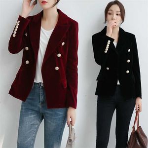 Autumn Women's Slim gold velvet small suit jacket women blazer metal button Short coats jackets 211122